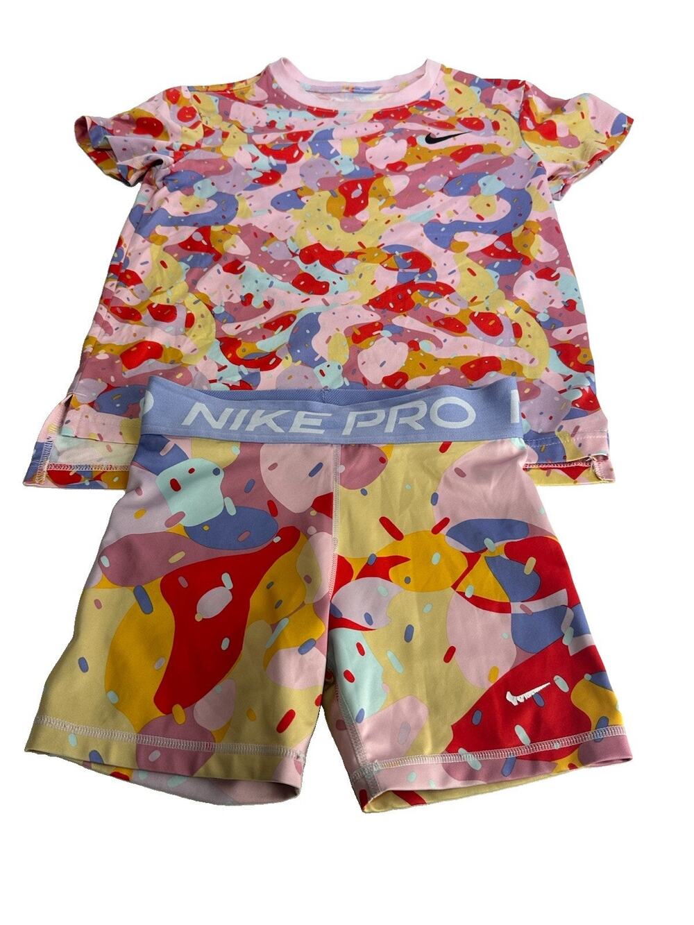 Nike Girls Size L Dri-FIT Pro Ice Cream Camo Print Tee Shorts 2 Piece Set